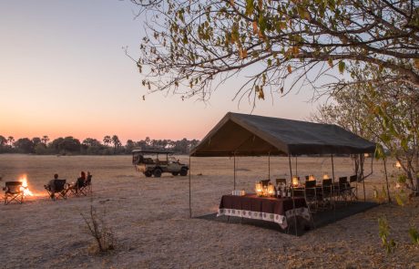 Gruppe am Lagerfeuer in der Kalahari mit Geländewagen im Hintergrund