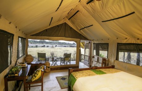 Zeltchalet innen u. Blick auf die Savanne mit Eelefanten @ The Hide Safari Camp