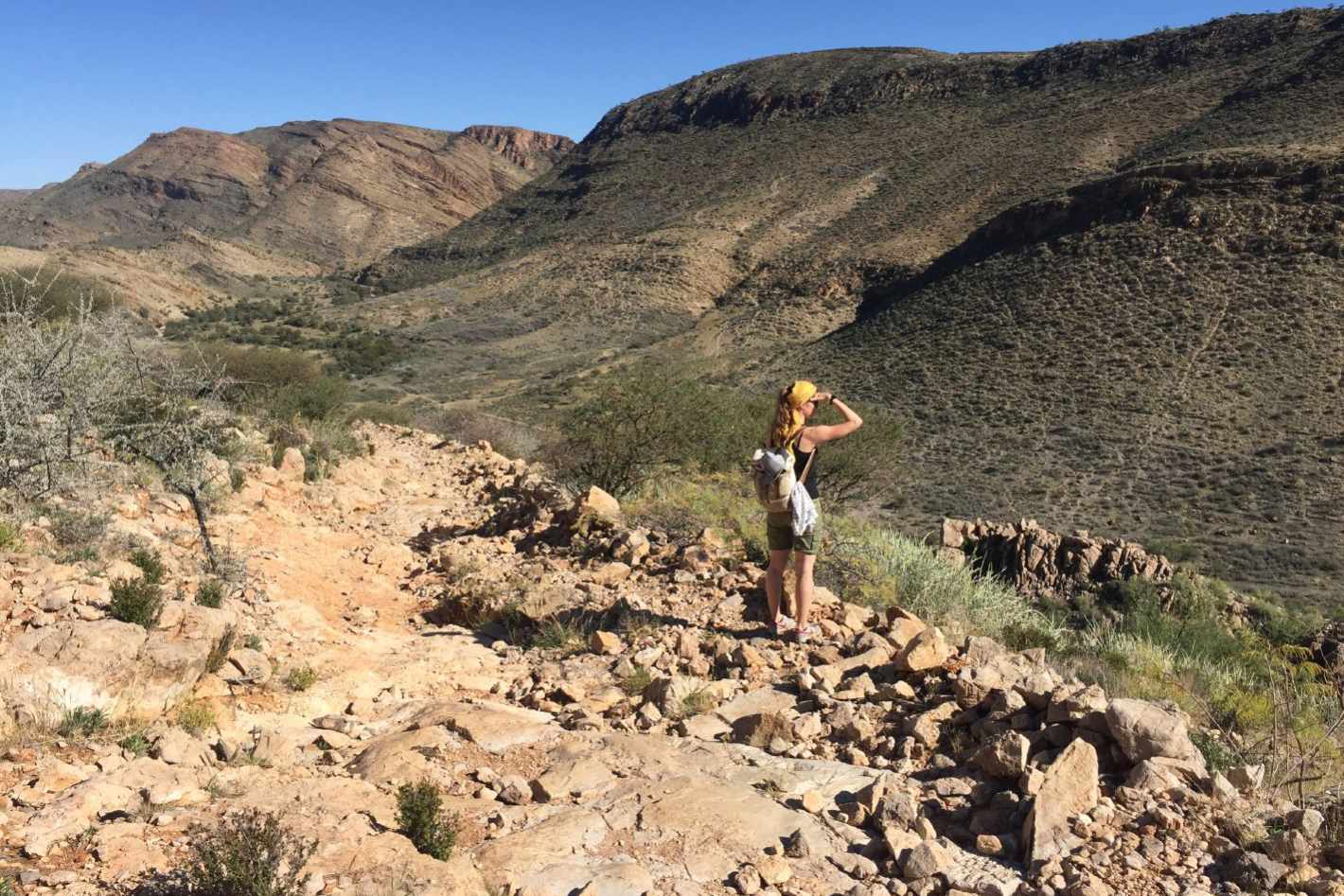 Wanderin steht in der Köcherbaumschlucht u. blickt in die Ferne