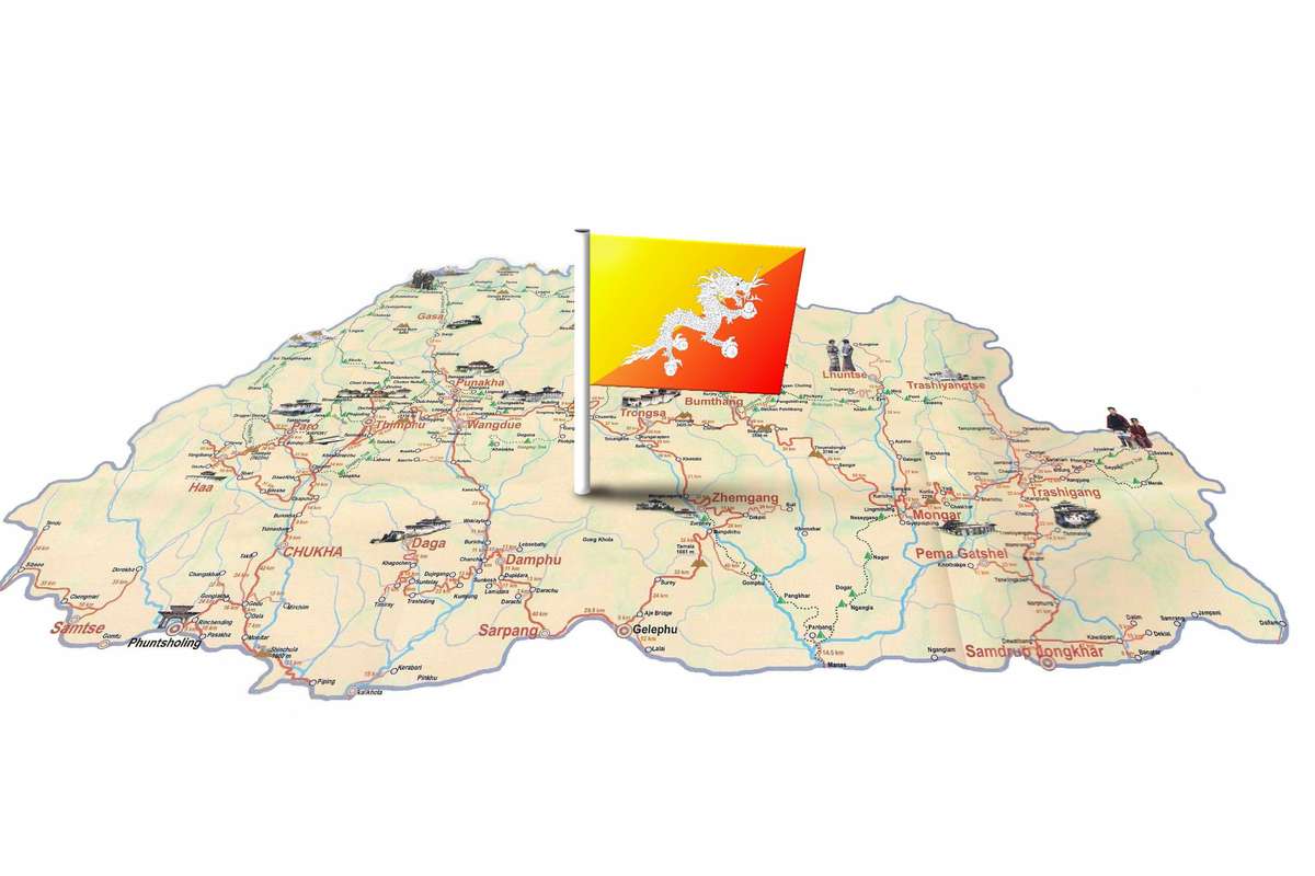 Bhutan flag on map of Bhutan