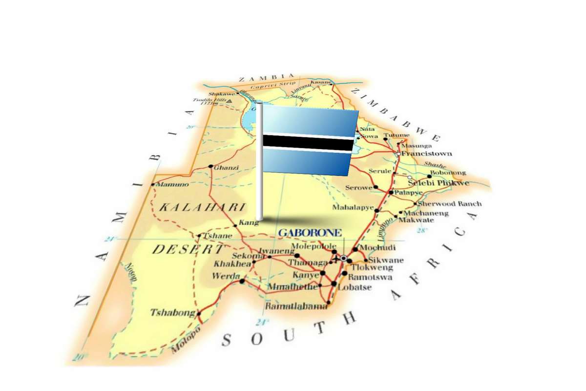 Flag of Botswana on map of Botswana