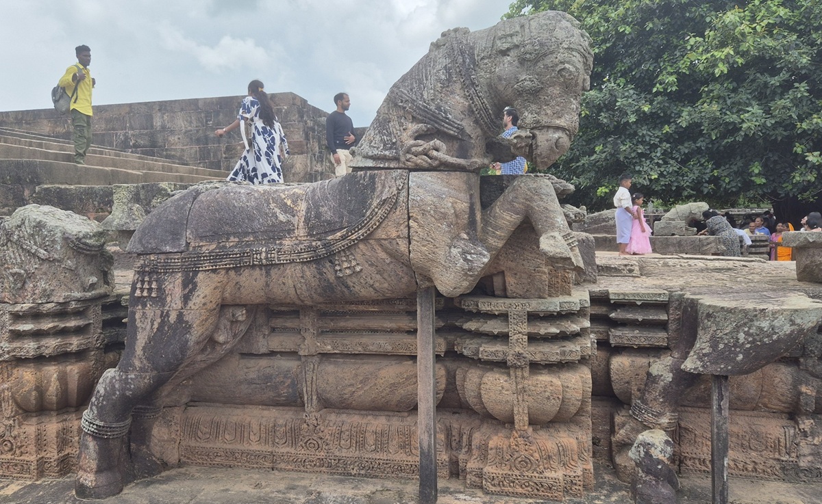 gut erhaltene, noch real wirkende Pferde-Skulptur-am-Konark-Tempel
