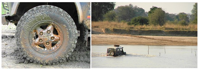 schlammiger Geländewagen Reifen _ Flussdurchquerung in Sambia